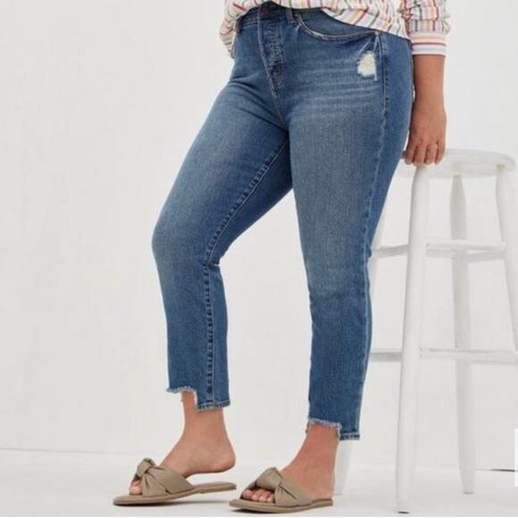 Torrid High-Rise Straight Button-Fly Distressed Stretch Denim Jeans - Picture 2 of 13